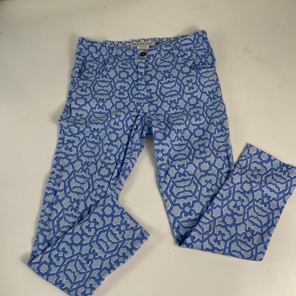 Gretchen Scott Pants Womens Medium Blue Geometric Print Ankle Slim Stretch